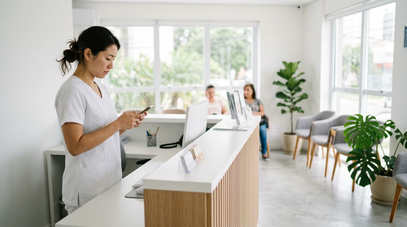Recepcionista de uma clínica moderna, de pé atrás do balcão, respondendo uma mensagem no celular