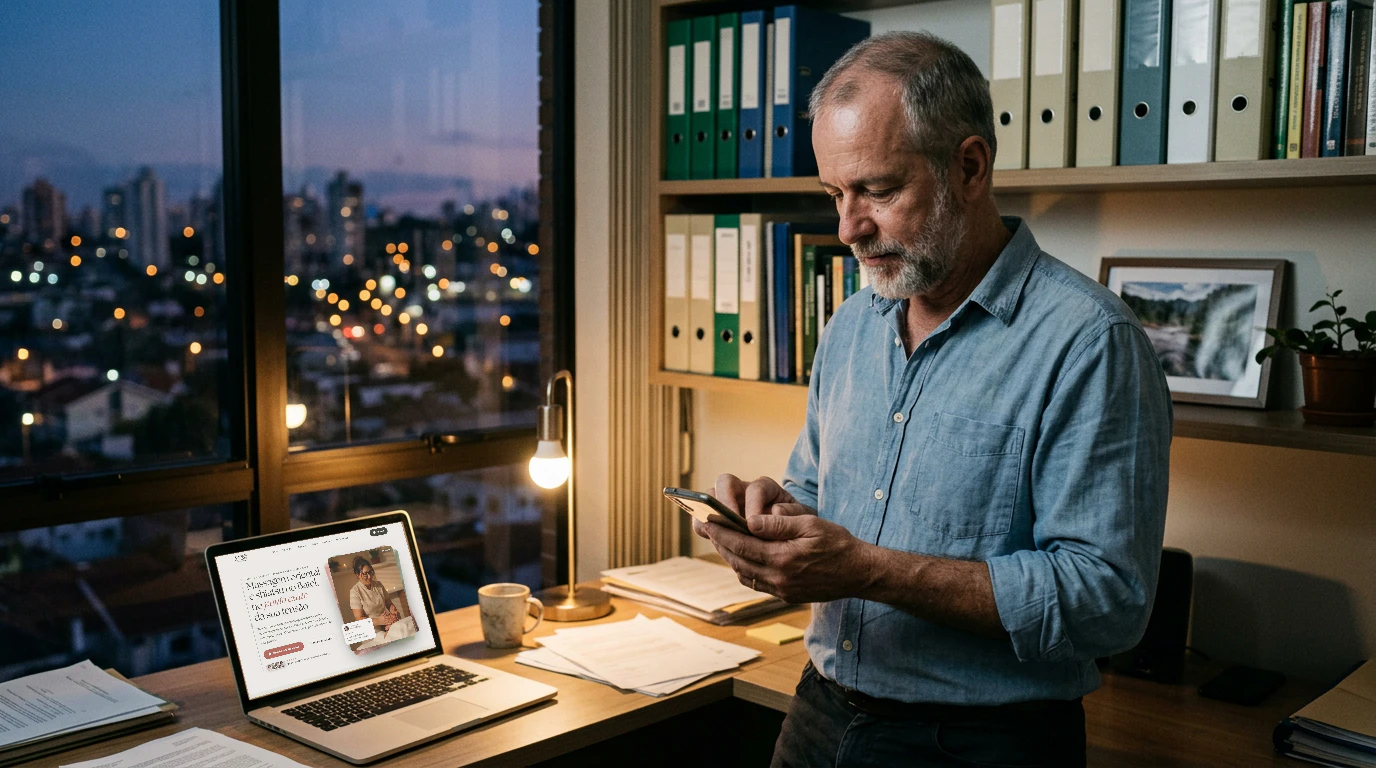 Consultor no escritório ao anoitecer, respondendo mensagem no celular ao lado do notebook com um site aberto