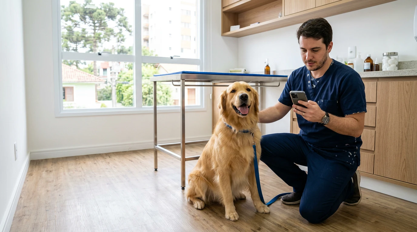 Veterinário ajoelhado ao lado de um golden retriever no consultório, lendo uma mensagem no celular