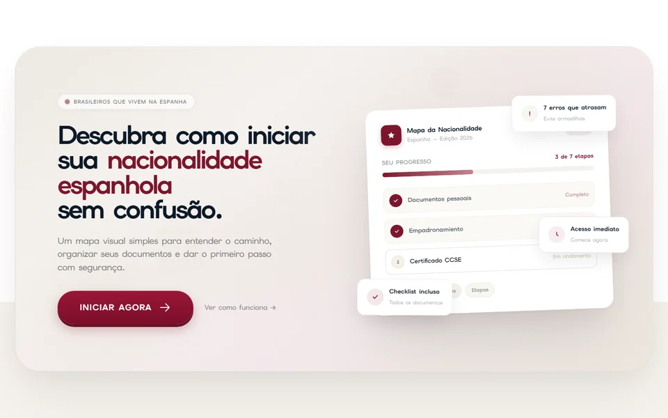 A primeira tela do site de landing de cidadania espanhola
