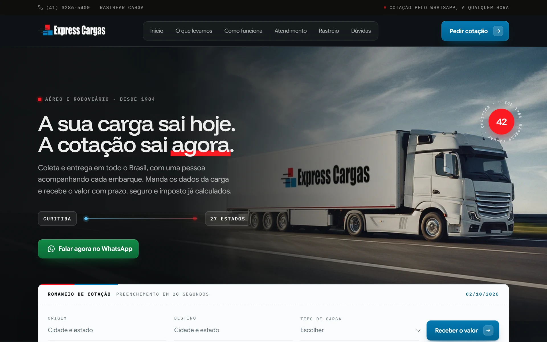 A primeira tela do site de transportadora de cargas em curitiba